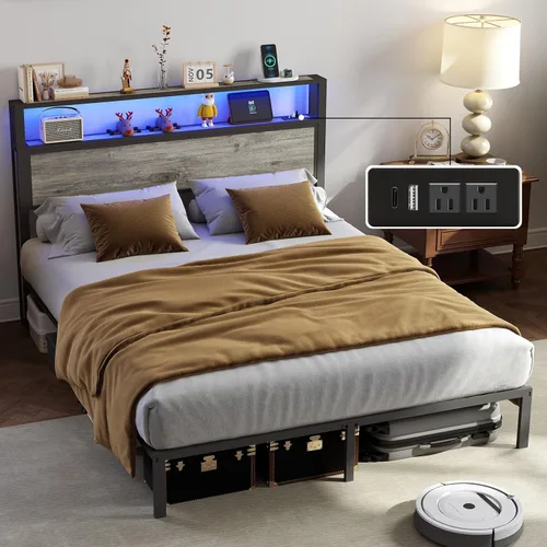 Vista 16 de RVONOW Marco de cama tamaño completo con cabecero, marco de cama de plataforma de metal con luces LED y estación de carga, almacenamiento debajo