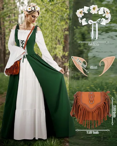 Vista 3 de Jeyiour Conjunto de accesorios de disfraz de hada renacentista para mujer, disfraz medieval con orejas de elfo y diadema
