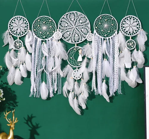 Vista 7 de Paquete de 5 atrapasueños para decoración de pared, diseño bohemio de luna y sol, hecho a mano, tradicional, atrapasueños, decoración para colgar