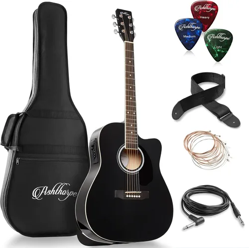 Vista 9 de Ashthorpe Paquete de guitarra acústico-eléctrica de tamaño completo Dreadnought Cutaway - Maderas tonales premium - Natural