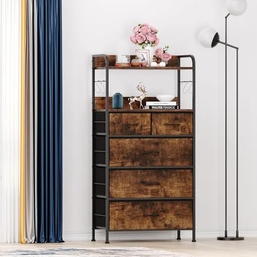 Vista 18 de Jojoka Cómoda para dormitorio con 5 cajones, aparadores y cómodas para pasillo, entrada, unidad organizadora de almacenamiento con tela, marco