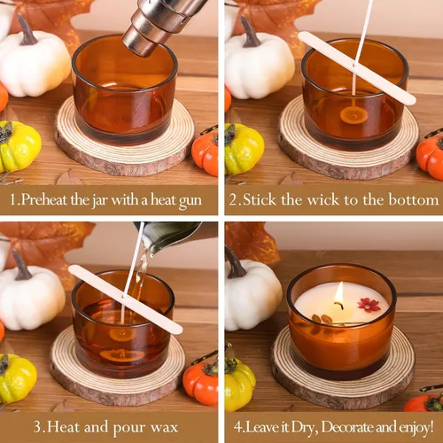 Vista 5 de CONNOO Paquete de 15 tarros de vela de vidrio ámbar de 4 onzas con tapas de bambú para hacer velas, recipientes de vidrio pequeños de boca ancha a