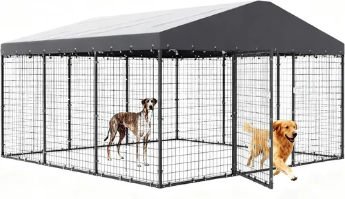 Vista 2 de Gotland Perrera para perros al aire libre de 10 x 10 x 6 pies, jaula para perros medianos y grandes con techo impermeable, doble cerradura