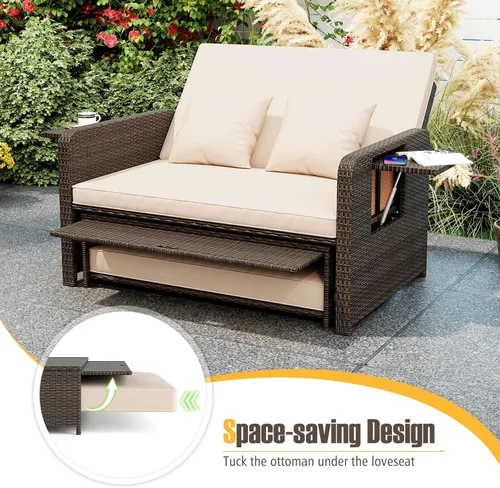 Vista 6 de LDAILY Moccha - Sofá cama para exteriores, sofá biplaza de mimbre con respaldo ajustable de 4 posiciones, otomana de almacenamiento, cojines, Beige