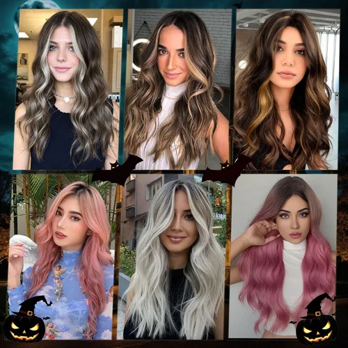 Vista 2 de Peluca larga color rosa Omre para mujer, pelucas de cabello rosa de 24 pulgadas con encaje, peluca sintética rizada resistente al calor, peluca