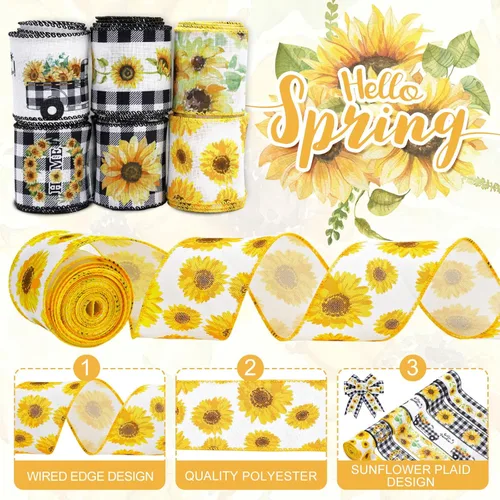Vista 3 de Whaline Cinta de girasol con borde con alambre de 36 yardas, 6 rollos de 2.5 pulgadas, cinta de tela de flores a cuadros de búfalo para primavera