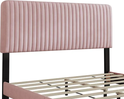 Vista 42 de Elegante cama con plataforma tapizada de terciopelo de tamaño Queen con cabecero, para niños, niñas y adolescentes (beige @cabecero/, Queen)