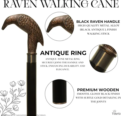 Vista 3 de Raven - Bastón hecho a mano con mango de cabeza de cuervo de latón macizo y eje de madera de primera calidad, para apoyo, cosplay o coleccionistas