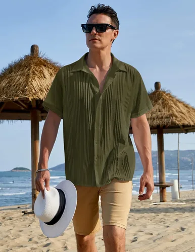 Vista 2 de COOFANDY Camisas de lino de algodón para hombre, ajuste relajado, manga corta, camisa con botones, plisada, guayabera