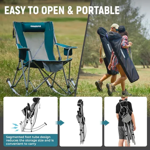 Vista 7 de FUNDANGO Silla mecedora para campamento, respaldo de malla alta, sillas de campamento plegables portátiles con almohadas, portavasos y bolsa