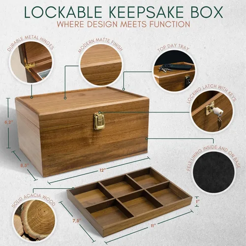Vista 4 de Public House Caja de madera con bloqueo, diseño personalizable con bandeja ajustable. Caja de madera grande con tapa con bisagras para recuerdos