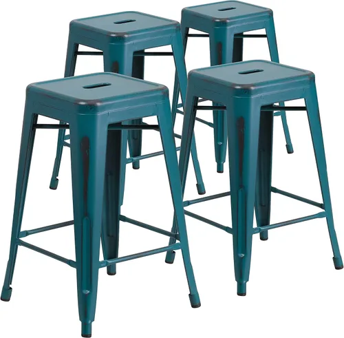 Vista 30 de Taburete de 24 pulgadas de alto para interior y exterior con asiento cuadrado., Metal, Negro