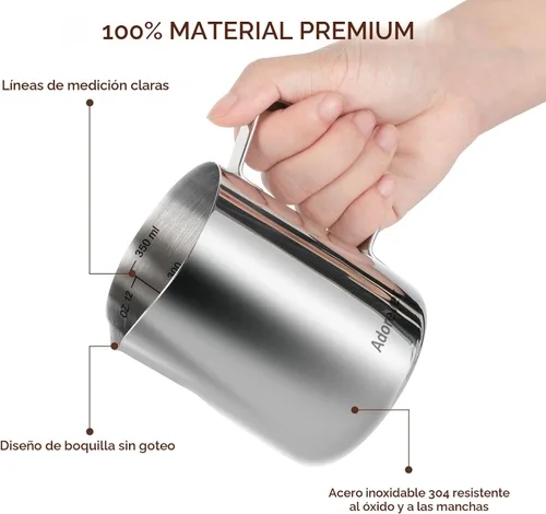 Vista 3 de Jarra espumadora de leche de 350 ml, 600 ml, 900 ml, 1500 ml y 2000 ml (12 onzas, 20 onzas, 32 onzas, 50 onzas y 66 onzas), de acero inoxidable