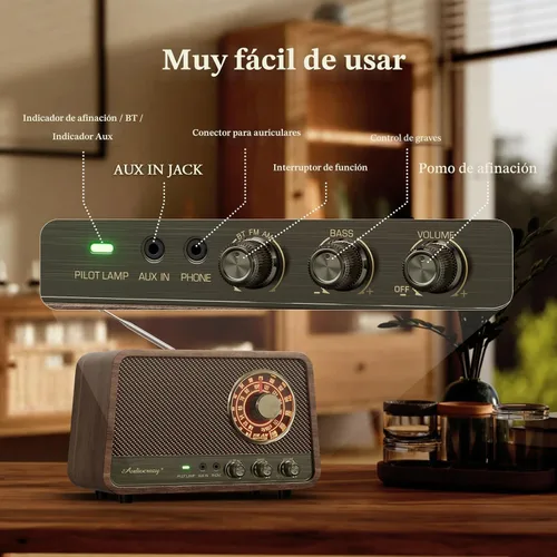 Vista 8 de Radio Bluetooth AM FM de madera vintage con sonido potente de 10 vatios, radio con altavoz Bluetooth retro con esfera suave brillante, control