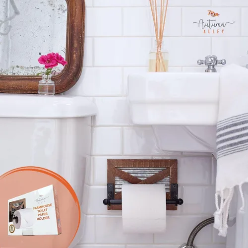 Vista 3 de Autumn Alley Portarrollos de Papel Higiénico Rústico de Granja para Pared - Accesorios de Decoración de Baño de Granja Campestre con Madera Marrón