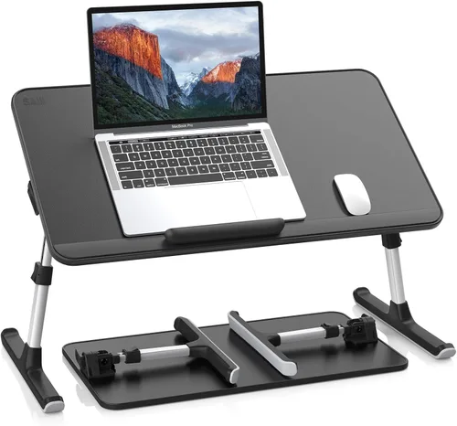 Vista 11 de SAIJI Escritorio de cuero para computadora portátil, bandeja para cama, soporte ajustable para computadora portátil, escritorio de pie ligero