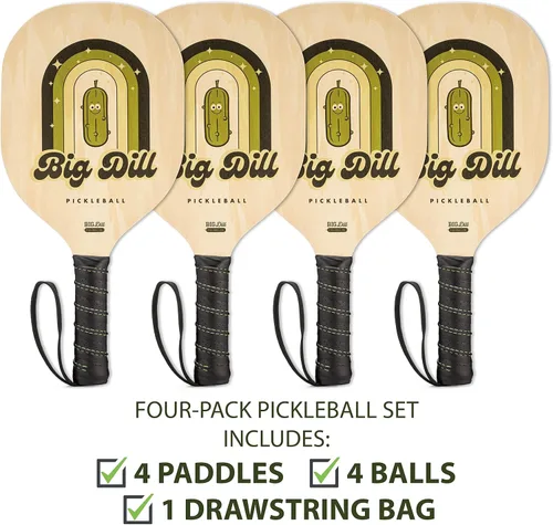 Vista 2 de Big Dill Pickleball Superstar Pickle Ball - Juego de 4 paletas de madera, paquete de 4 palas de pickleball, 4 bolas de pickleball y bolsa
