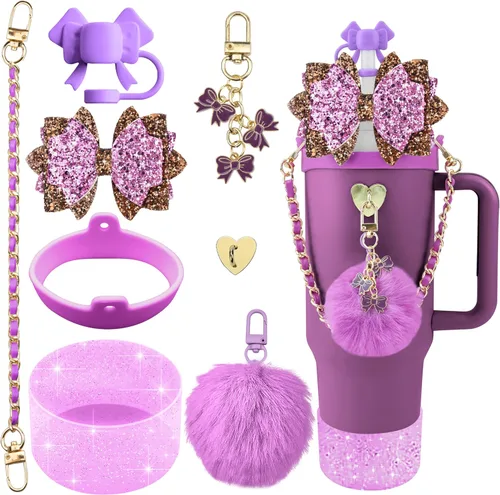 Vista 22 de Accesorios brillantes para vaso Stanley Cup de 40 onzas y 30 onzas, incluye funda de silicona para popote con lazo, bota de silicona para taza