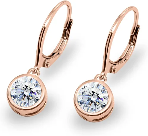 Vista 6 de Sterling Silver 6mm Round Bezel-Set Sparkling AAA Cubic Zirconia Dainty Drop CZ Dangle Earrings for Women Girls Bridal