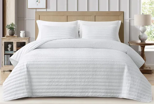 Vista 2 de Chezmoi Collection Valkyrie - Juego de edredón de 3 piezas, color blanco, tamaño Queen, juego de colcha acolchada ligera de microfibra súper suave