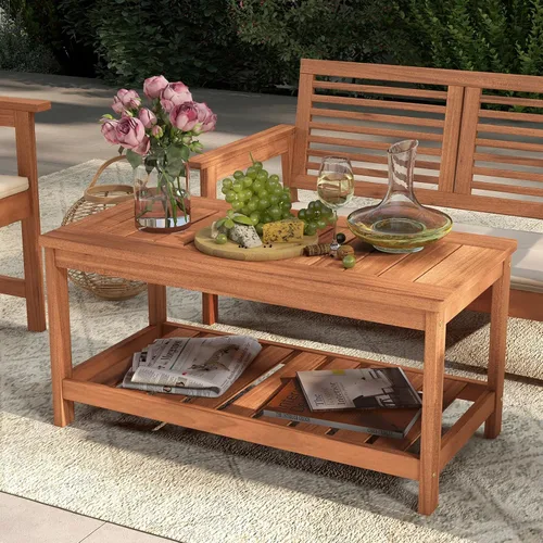 Vista 4 de Tangkula Mesa de centro de madera para exteriores, mesa de centro de patio de 2 niveles con mesa de madera dura de listones y estante