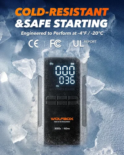 Vista 7 de WOLFBOX Arrancador de 3000 A con compresor de aire, batería portátil de coche de 59.2 Why 160 PSI con carga rápida de 65 W, batería de 12 V