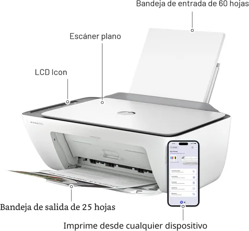 Vista 5 de HP DeskJet 2855e Impresora inalámbrica de inyección de tinta a color, escáner, copiadora, mejor para el hogar, prueba de tinta instantánea de 3