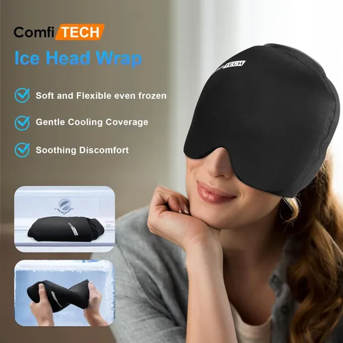 Vista 3 de ComfiTECH Head Ice Pack Wrap con cobertura superior, gorro de gel refrigerante, mediano, color negro