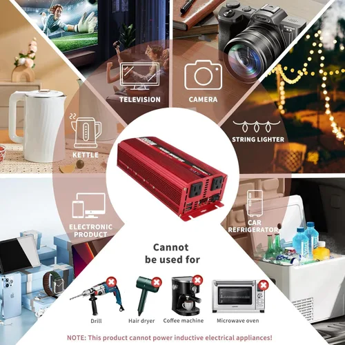 Vista 6 de 1500W/3000W (pico) – Inversor de corriente DC 12 V a 110 V/120 V CA, con salidas CA duales, adaptador USB de coche dual de 3.1 A para coche, casa