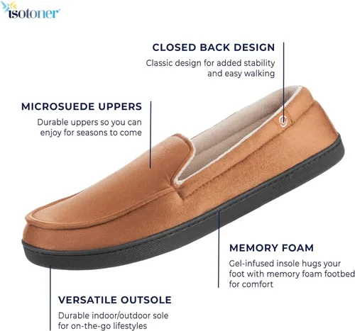 Vista 2 de isotoner Mens Moccasin Slippers with Microsuede Upper and Gel Infused Memory Foam Sole