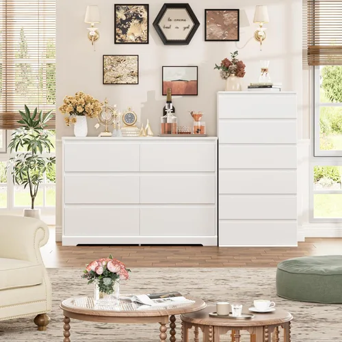 Vista 2 de FOTOSOK Cómoda blanca, Cómoda blanca de 47.2" de alto para dormitorio, cómoda de madera moderna con cajones profundos, cómoda con cajones para sala