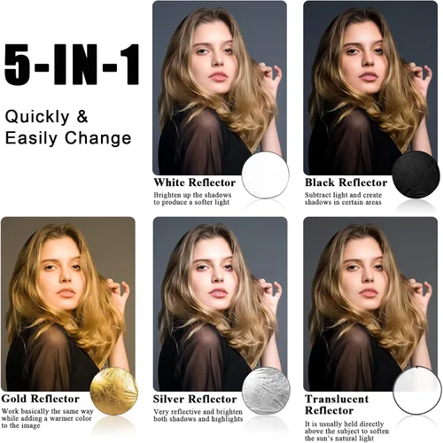 Vista 2 de Fotoconic Disco reflector de luz de 43 pulgadas/43.3 in 5 en 1 plegable multidisco con bolsa, translúcido, plateado, dorado, blanco y negro