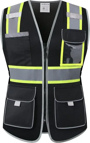 Vista 2 de Chaleco de seguridad para mujeres, chaleco de trabajo reflectante de alta visibilidad con 9 bolsillos múltiples y cremallera