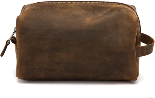 Premium Buffalo Cuero Genuino Unisex Dopp Kit Organizador de viaje Neceser Diseño Simple, A marrón., Estilo vintage