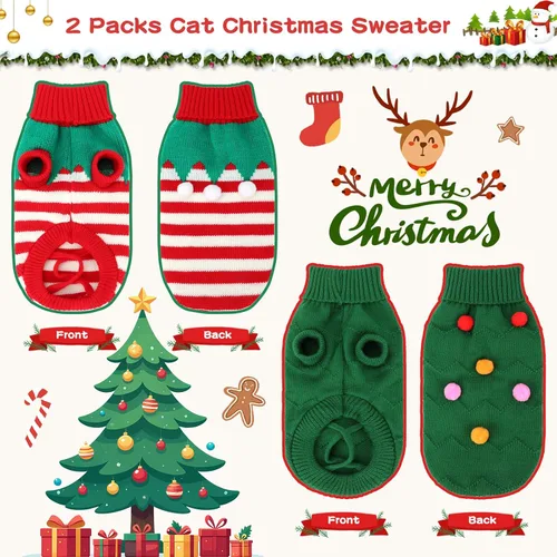 Vista 4 de BWOGUE 2 Packs de suéteres navideños para gatos, suéteres para perros, ropa tejida cálida de invierno para mascotas, suéteres con árbol de Navidad