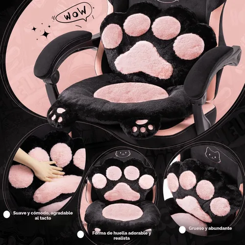 Vista 3 de Silla de Juegos Rosa Bonita con Orejas de Gato, Soporte Lumbar con Forma de Pata y Cojín, Silla Ergonómica para Computadora con Reposapiés, Silla