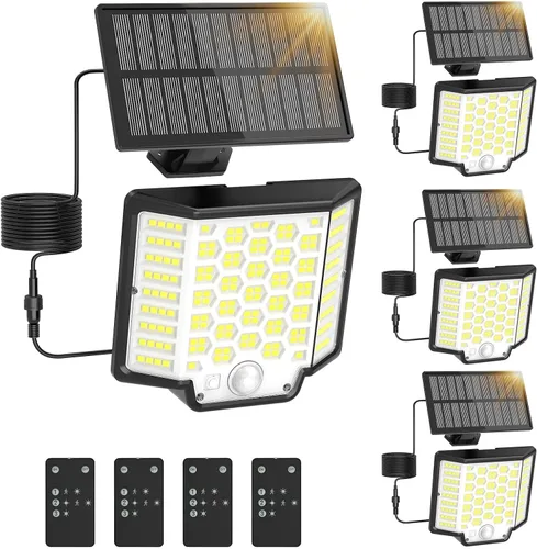 Vista 8 de Luces solares impermeables para exteriores, paquete de 2 luces solares de pared de 186 LED para exteriores, 2500 lúmenes, 3 modos de control remoto