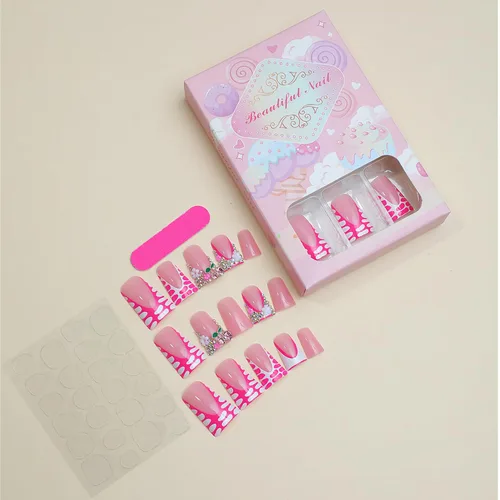 Vista 2 de 24 uñas de pato a presión con diamantes de imitación francesas, uñas postizas estilo pies de pato, uñas postizas de primavera y verano con diseños