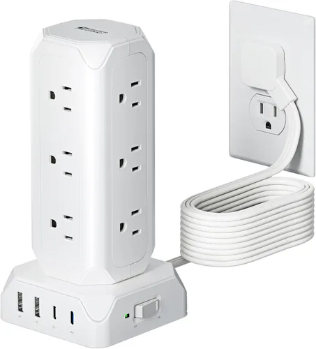 Vista 10 de Tira de alimentación con protector de subida de tensión en torre, estación de carga de escritorio SUPERDANNY, cable de extensión de enchufe plano