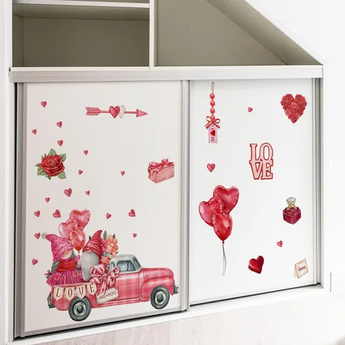 Vista 5 de Calcomanías de pared de camión rojo gnomo, calcomanías para ventana, calcomanías para el día de San Valentín, globo de corazón, decoración