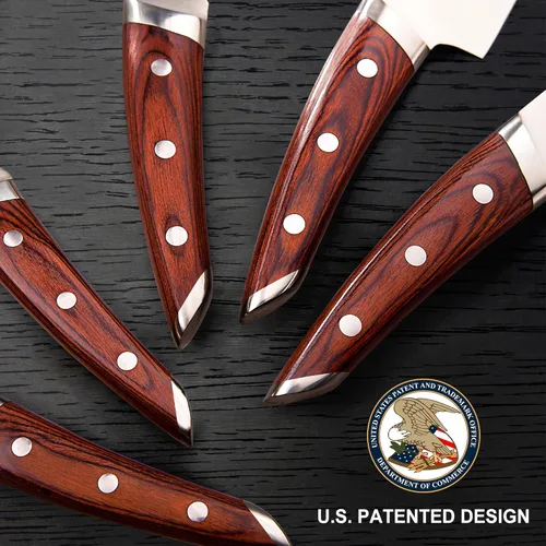 Vista 2 de Brewin CHEFILOSOPHI - Juego de 5 cuchillos de chef japoneses con elegante mango de madera de Pakka roja, diseño ergonómico, cuchillos de cocina