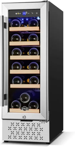 Vista 17 de Tylza Refrigerador de vino de 8 botellas, bodega con puerta de vidrio templado de baja emisión, pantalla táctil LED, cerradura, sin escarcha, sin