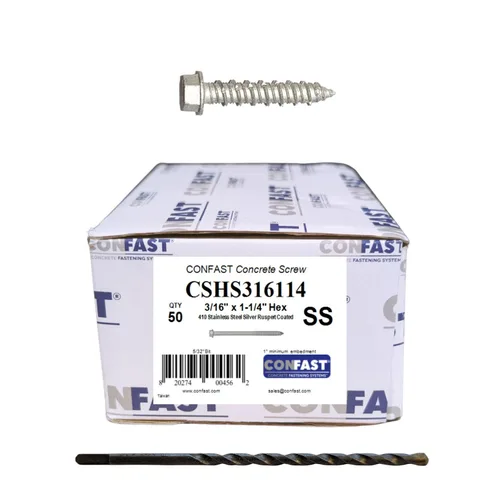 Vista 13 de CONFAST Tornillos de hormigón de 1/4" x 1-1/4" 410 hexagonal de acero inoxidable con broca de hormigón para anclaje a mampostería, bloque o ladrillo