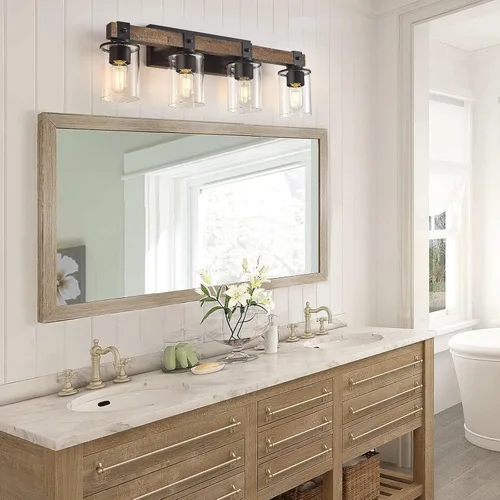 Vista 5 de DUJAHMLAND Lámpara de tocador de granja, aplique industrial de madera de 4 luces, iluminación de tocador de baño con pantalla de luces de vidrio