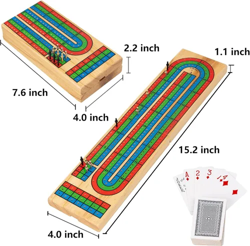 Vista 6 de FUNPENY juego de Cribbage tradicional de madera, de 3 pistas con código de color, con fichas de metal y baraja de cartas de juego
