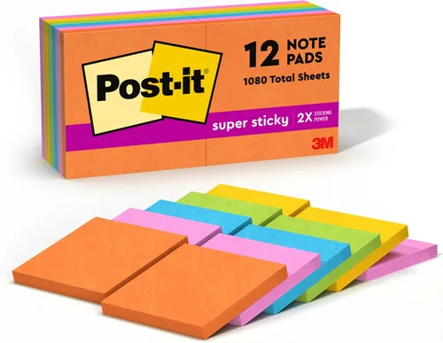 Post-it Super Sticky Notes, 12 Sticky Note Pads, 3 x 3 in., Ideal for Organization in Your Dorm, Home or Office, Energy Boost Collection