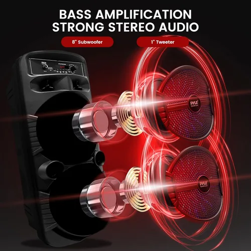 Vista 6 de Pyle Altavoz Bluetooth recargable de 400 W para exteriores, sistema PA portátil con subwoofer de 8 pulgadas, tweeter de 1 pulgada y sistema