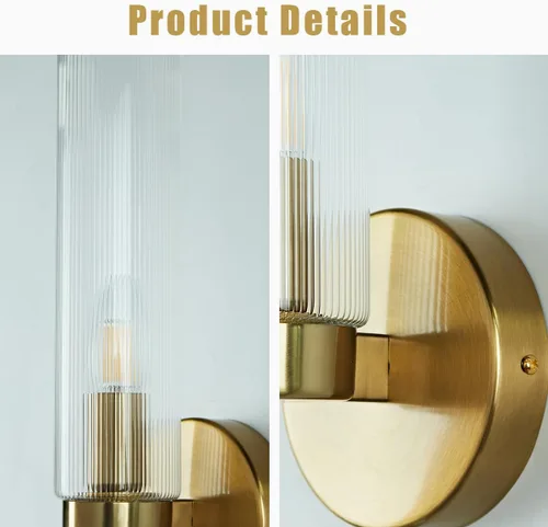 Vista 3 de Fluted Textural Glass Wall Sconce, Modern Indoor Vanity Light, Glass Tube Wall Light Fixture with Metallic Finish, Wall Light fixtures for Bathroom
