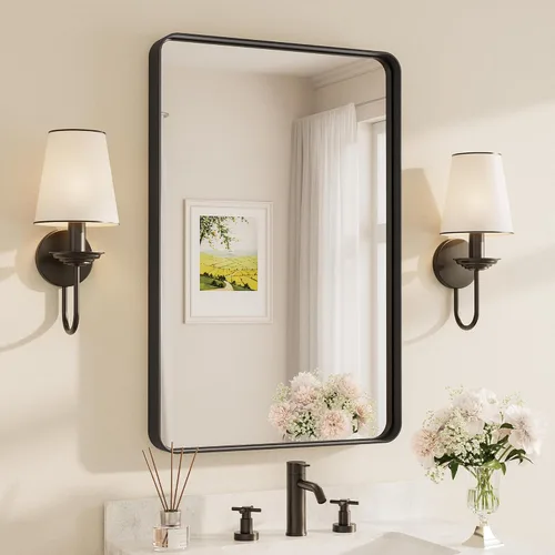 Vista 36 de TETOTE Espejo de marco dorado cepillado de 16 x 24 pulgadas, espejo de tocador de baño de latón dorado para pared, espejo enmarcado rectangular