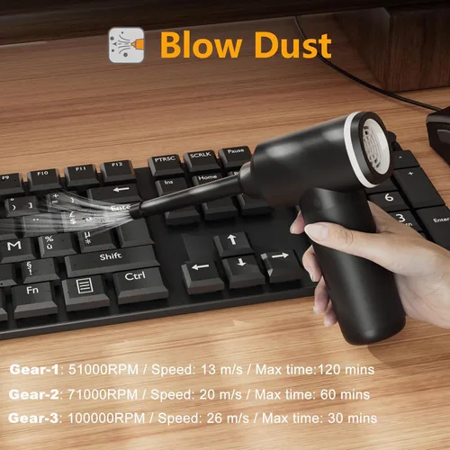 Vista 3 de Plumero de aire comprimido, plumeros de aire eléctricos, mini aspiradora 4 en 1, limpiador de teclado, mini soplador de aire con motor sin